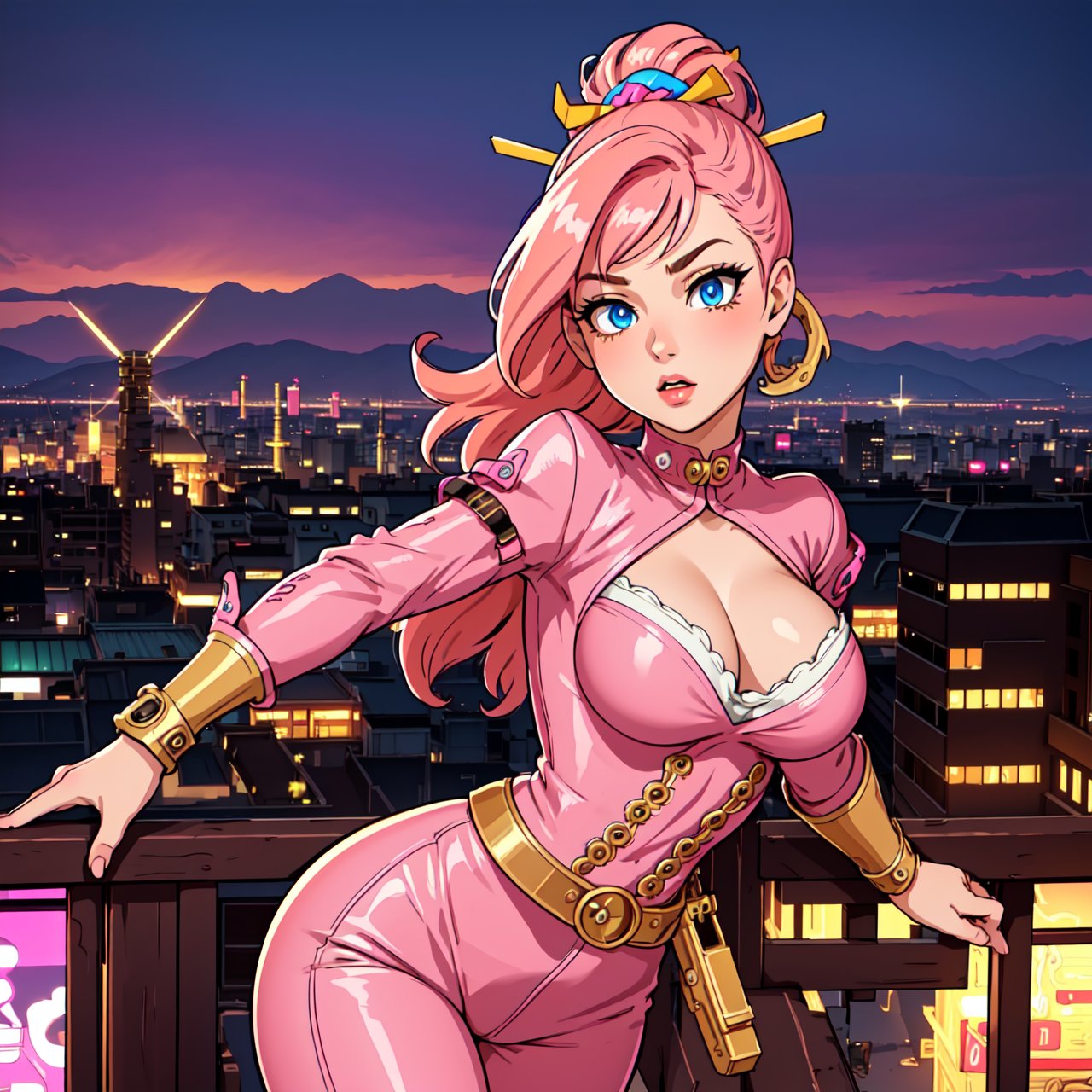 (best quality,4k,8k,highres,masterpiece:1.2),ultra-detailed, girl with a pistol in hands,beautiful detailed eyes,beautiful detailed lips,long eyelashes,expressive facial expression,pink hair,stylized outfit with a hint of steampunk,hair accessories,striking pose in an action stance,neon colors illuminating the scene,urban cityscape in the background