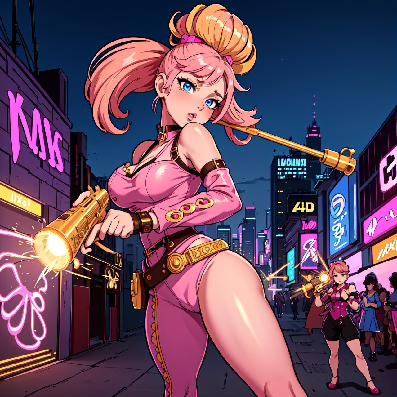 (best quality,4k,8k,highres,masterpiece:1.2),ultra-detailed, girl with a pistol in hands,beautiful detailed eyes,beautiful detailed lips,long eyelashes,expressive facial expression,pink hair,stylized outfit with a hint of steampunk,hair accessories,striking pose in an action stance,neon colors illuminating the scene,urban cityscape in the background