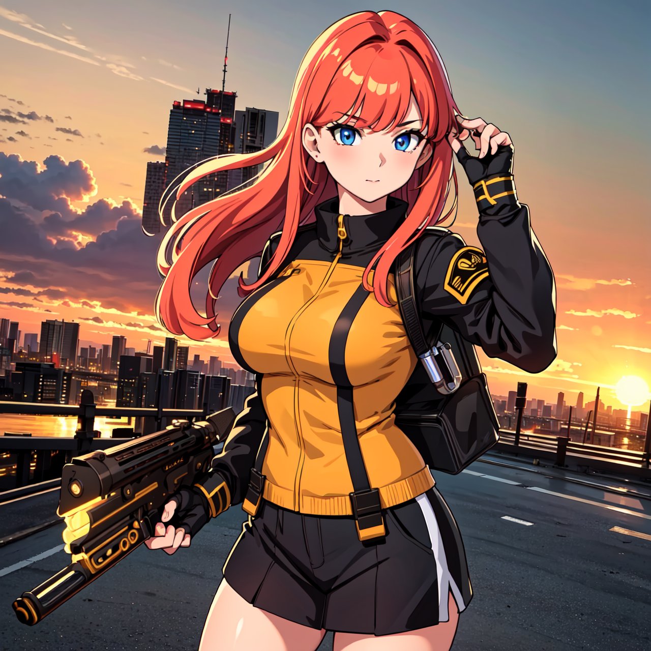 (best quality,4k,8k,highres,masterpiece:1.2),ultra-detailed, girl with a weapon in hands,uniform millitary,urban cityscape in the background