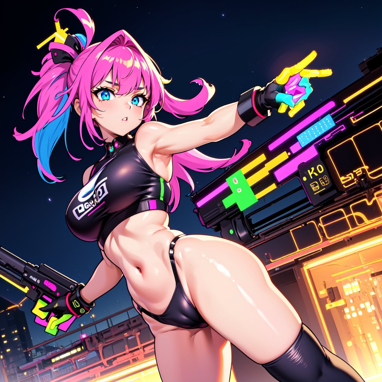 (best quality,4k,8k,highres,masterpiece:1.2),ultra-detailed, girl with a pistol in hands,neon colors illuminating the scene,urban cityscape in the background