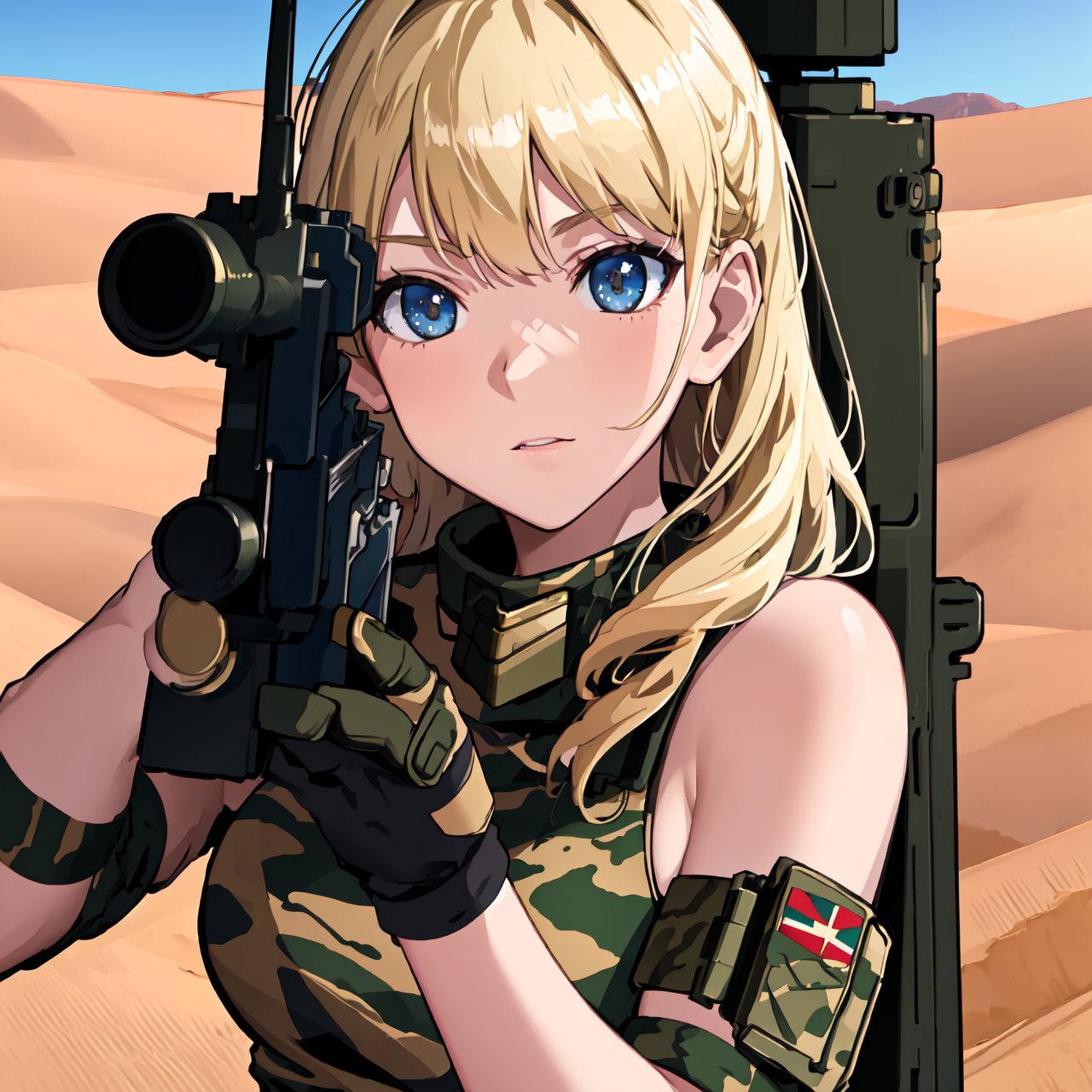 (best quality,4k,8k,highres,masterpiece:1.2),ultra-detailed,girl in tank militarty,portrait,desert,camouflage uniform