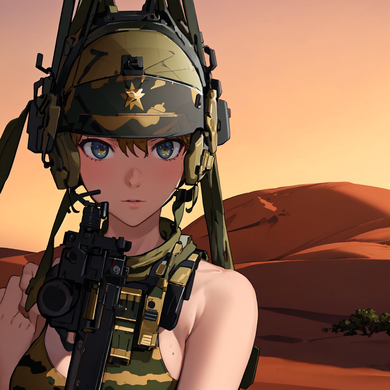 (best quality,4k,8k,highres,masterpiece:1.2),ultra-detailed,girl in tank militarty,portrait,desert,camouflage uniform