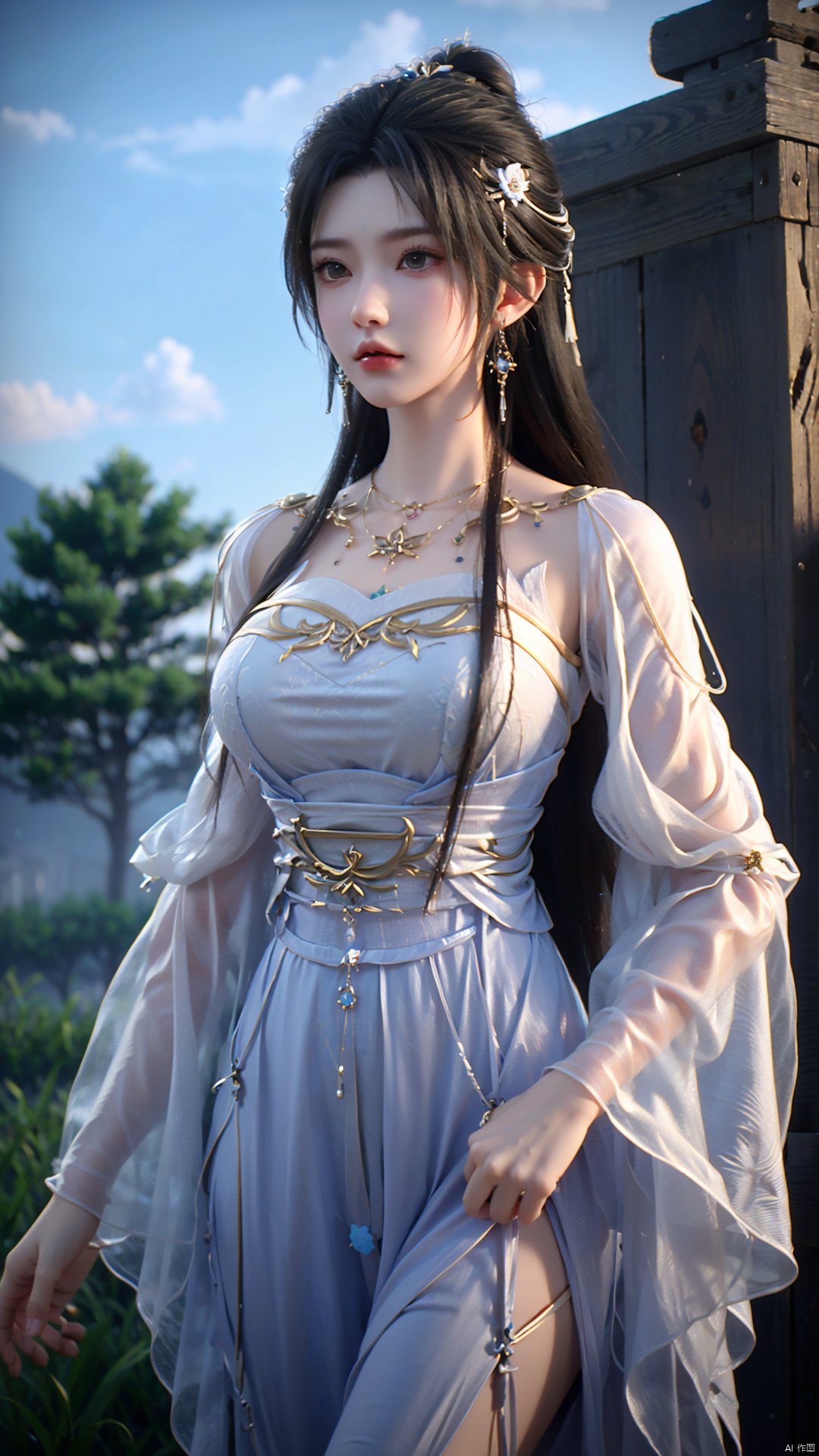  masterpiece,best quality,1girl, dress, black hair, long hair, solo, facial mark, white dress, jewelry, forehead mark, hair ornament, earrings, necklace, chinese clothes, hair bun, cowboy shot, dynamic pose, dynamic angle