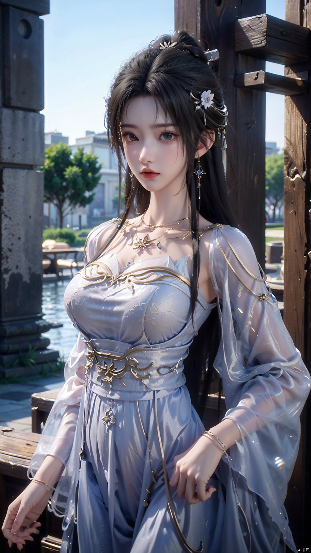  masterpiece,best quality,1girl, dress, black hair, long hair, solo, facial mark, white dress, jewelry, forehead mark, hair ornament, earrings, necklace, chinese clothes, hair bun, cowboy shot, dynamic pose, dynamic angle