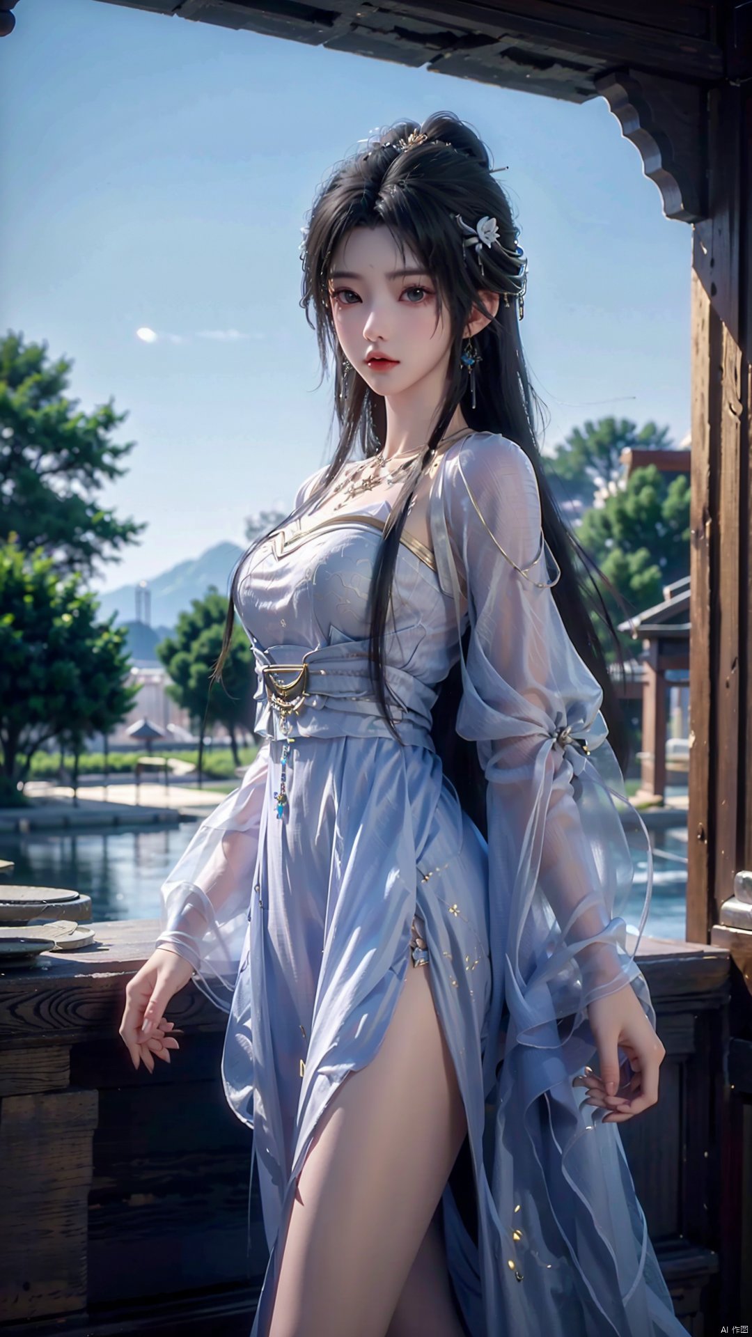  masterpiece,best quality,1girl, dress, black hair, long hair, solo, facial mark, white dress, jewelry, forehead mark, hair ornament, earrings, necklace, chinese clothes, hair bun, cowboy shot, dynamic pose, dynamic angle