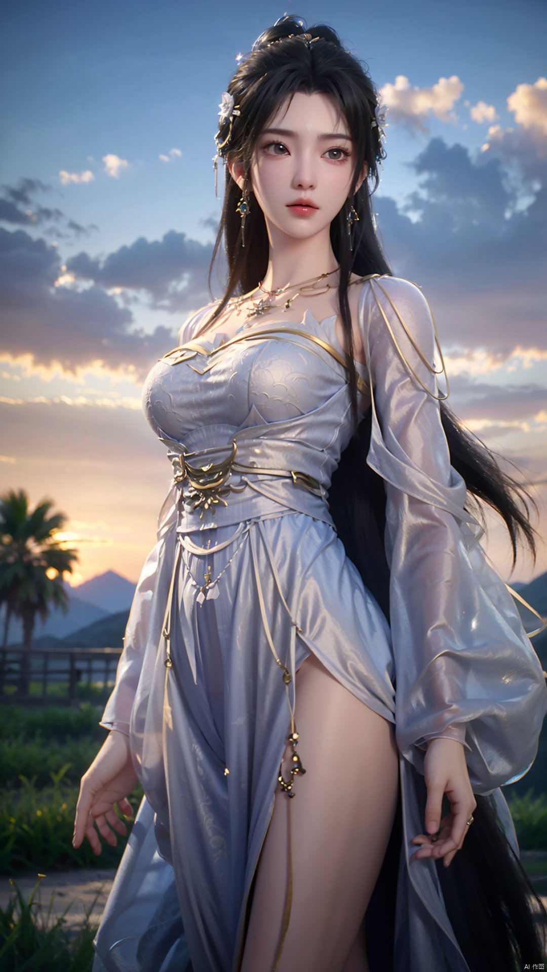  masterpiece,best quality,1girl, dress, black hair, long hair, solo, facial mark, white dress, jewelry, forehead mark, hair ornament, earrings, necklace, chinese clothes, hair bun, cowboy shot, dynamic pose, dynamic angle