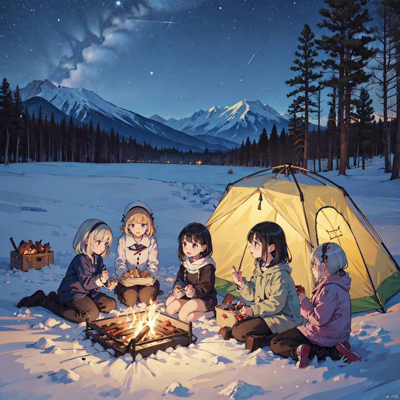  (5 girls watching and playing with each other), whole body (Laurie: 1.2), camping, picnicking, barbecue, barbecue, winter, snow, night, children's illustrations, masterpiece, best quality,