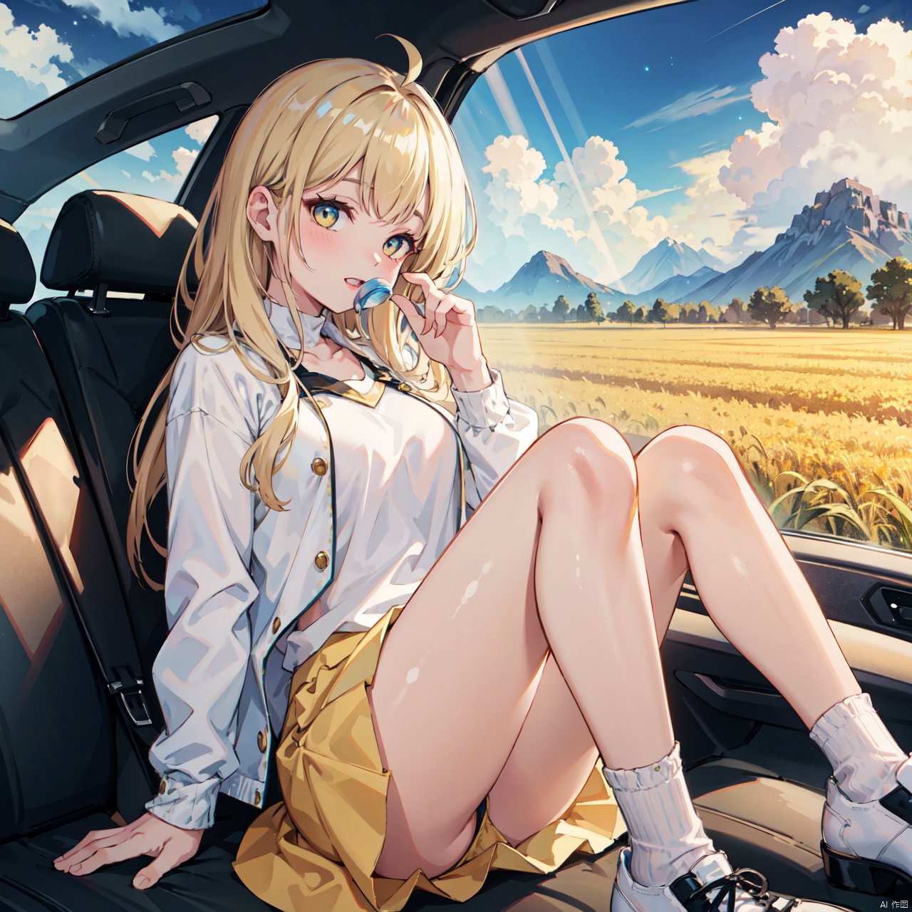  1girl, jacket, white clothes, long hair, happy, yellow skirt, yellow running shoes, white stockings, sitting in the car, looking out,parted lips, gasping,Laugh, laugh,gorgeous,multiple_colors,sunlight, galaxy, multiple_colors_eyes,BREAK,(Sky), Dusk, (Clouds, Wheat Fields, Rice Fields, Pickups, Cars,SFW, (masterpiece:1,2), best quality, masterpiece, highres, original, extremely detailed wallpaper, perfect lighting,(extremely detailed CG:1.2), CGArt Illustrator