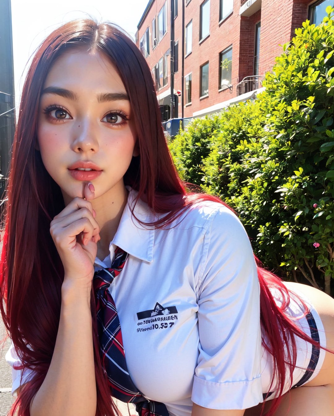 Masterpiece,  best quality,  official art,  best of realistic photography,  (1girl,  looking at viewer),  clearly brown eyes,  ombre lips,  soft make up,  naughty highschool girl,  wearing tight school uniform,  seducing viewer,  finger detailed,  bar,  detailed background,  morning sunshine,  dynamic lighting, 2,<lora:EMS-52872-EMS:0.800000>,<lora:EMS-254268-EMS:0.800000>