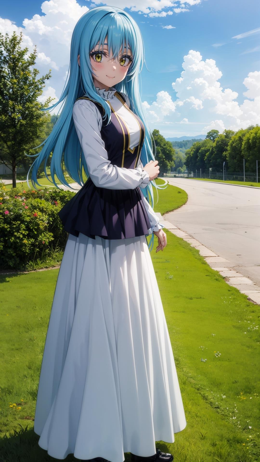 (masterpiece,  best quality),  ray tracing,  absurdres,  HDR,1girl, rimuru tempest, coleus, light blue hair,,long hair,long sleeves,  , skirt,  long skirt, ,Mary Jane shoes,cowboy shot,  solo,  cloud, , outdoors, , sky, day, , , , grass,  standing, ,,,yellow eyes, breasts,bangs,hair between eyes,, looking at viewer ,smile,blush,,<lora:rimuru coleus_v2:0.8>