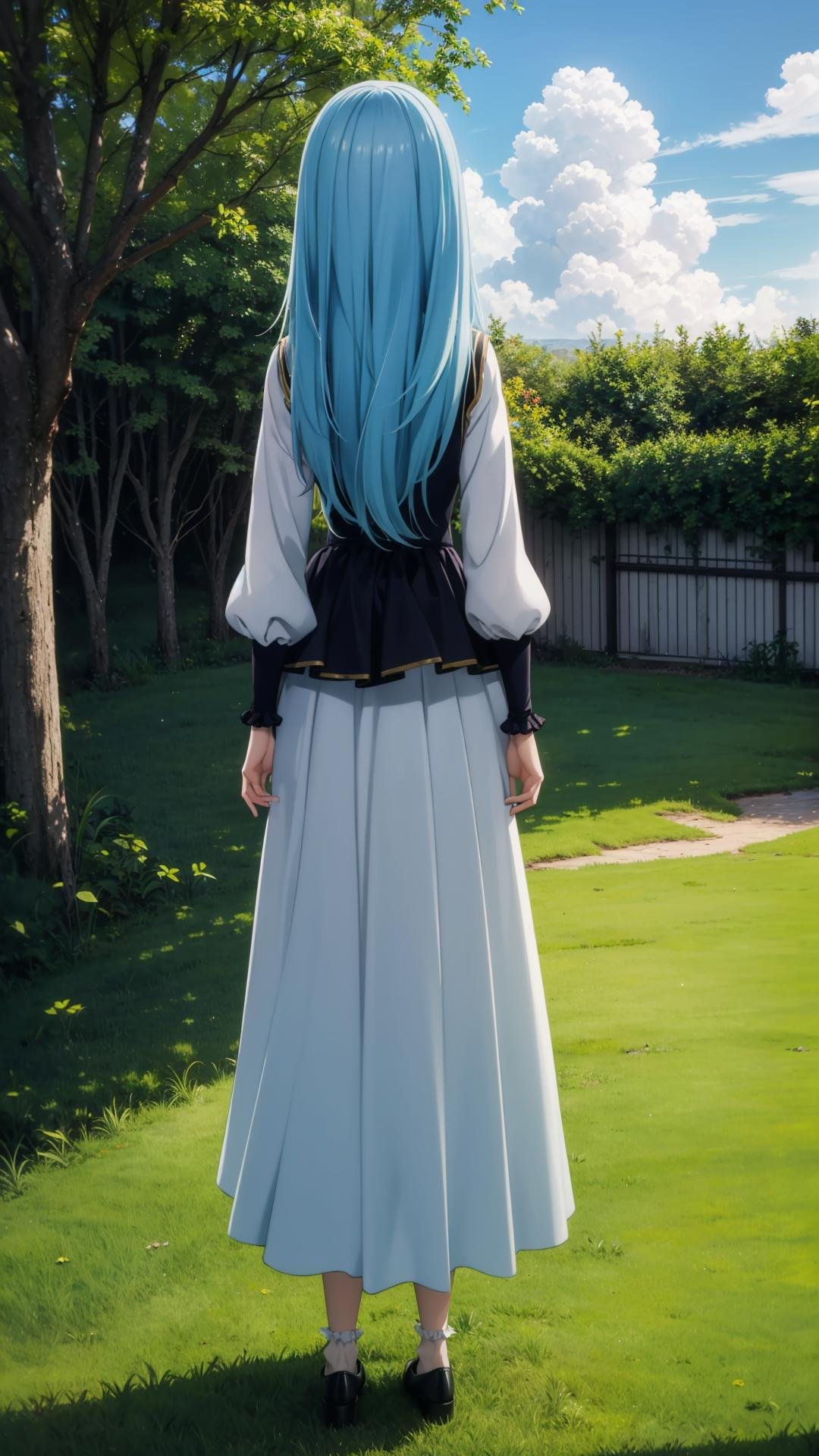 (masterpiece,  best quality),  ray tracing,  absurdres,  HDR,1girl, rimuru tempest, coleus, light blue hair,,long hair,long sleeves,  , skirt,  long skirt, ,Mary Jane shoes, full body,  solo, from behind,  facing away, cloud, , outdoors, , sky, day, back, , , grass,  standing, <lora:rimuru coleus_v2:0.8>