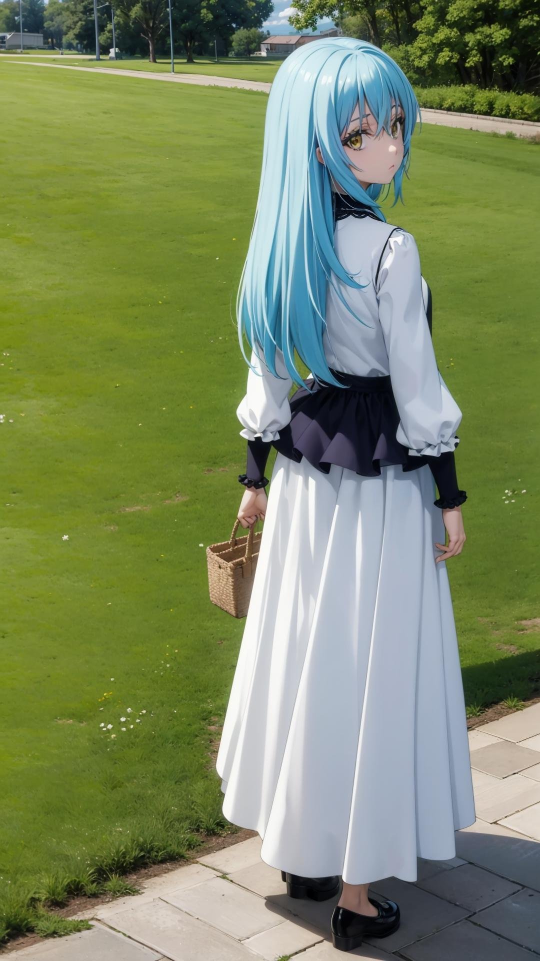 (masterpiece,  best quality),  ray tracing,  absurdres,  HDR,1girl, rimuru tempest, coleus, light blue hair,,long hair,long sleeves,  , skirt,  long skirt, ,Mary Jane shoes, full body,  solo,  cloud, , outdoors, , sky, day, back, , , grass,  standing, walking ,looking back,,yellow eyes, breasts,bangs,hair between eyes,looking at viewer <lora:rimuru coleus_v2:0.8>