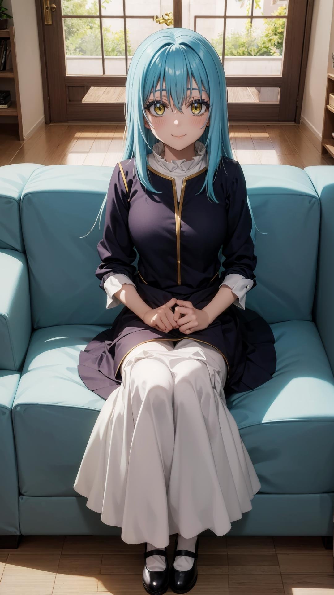 (masterpiece,  best quality),  ray tracing,  absurdres,  HDR, rimuru tempest, coleus, light blue hair, 1girl, long hair, yellow eyes, breasts,cowboy shot, looking at viewer, ,smile, long sleeves,  bangs, sitting,, closed mouth, skirt, hair between eyes, long skirt, solo,Mary Jane shoes, full body,blush,indoors,living room,sofa,<lora:rimuru coleus_v2:0.8>