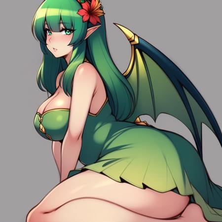 (masterpiece, best quality:1.3), SaltyXodium, Soft Lineart, Soft Shading, <lora:SaltyXodium Style Lora:1>, 1girl, solo, looking at viewer, mature female, parted lips, depth of field, wide hips, thick thighs, medium breasts, (dragon wings:1.1), (green wings:1.1), 1 dragon girl, emerald eyes, dragon horns, dragon tail, light green hair, long hair, (frills:1.2), sundress, wrist flower, simple background, sitting, wariza