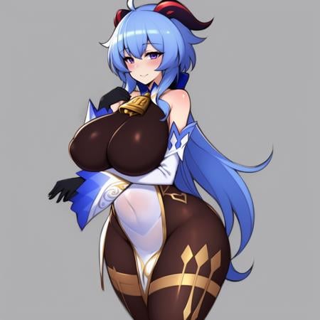 (masterpiece, best quality:1.3), SaltyXodium, Soft Lineart, Soft Shading, ganyudef, 1girl, solo, seductive smile, blushing, looking at viewer, closed mouth, large breasts, mature female, purple eyes, blue hair, gold trim, cow bell, long sleeves, pantyhose, pelvic curtain, sharp focus, detached sleeves, short hair with long locks, high heels, wide hips, cowboy shot, gloves, <lora:ganyu2:.8>  <lora:SaltyXodium Style Lora:1>
