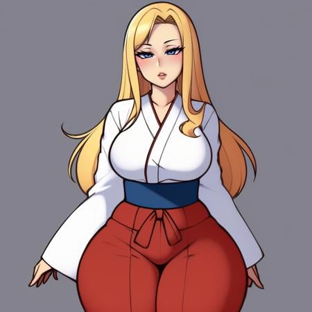 (masterpiece, best quality:1.3), SaltyXodium, Soft Lineart, Soft Shading, <lora:SaltyXodium Style Lora:1>, 1girl, solo, looking at viewer, mature female, depth of field, wide hips, thick thighs, medium breasts, parted lips, white kimono, red hakama, long hair, blonde hair, blue eyes