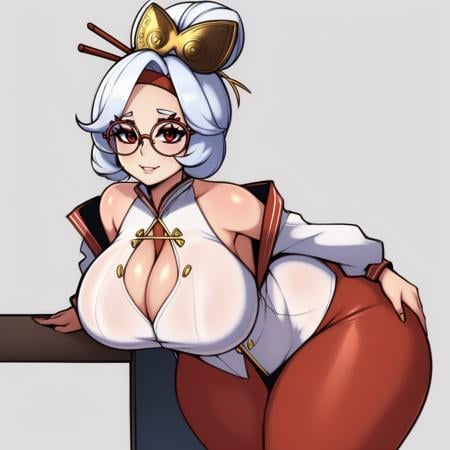 (masterpiece, best quality:1.3), SaltyXodium, Soft Lineart, Soft Shading, <lora:SaltyXodium Style Lora:1>, 1girl, solo, looking at viewer, purah, large breasts, wide hips, (seductive smile:1.2), simple background, depth of field, thick thighs, mature female, red glasses, hair ornament, hair stick, red headband, white shirt, bare shoulders, white jacket, black skirt, orange leggings, high heels <lora:purah-nvwls-v3-2:.7>