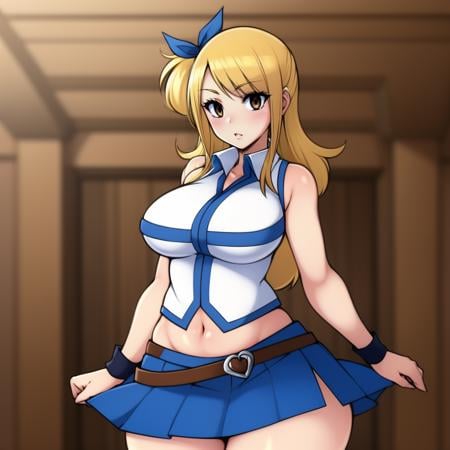 (masterpiece, best quality:1.3), SaltyXodium, Soft Lineart, Soft Shading, <lora:SaltyXodium Style Lora:1>, 1girl, solo, parted lips, looking at viewer, cowboy shot, blonde hair, (light brown eyes), lucy heartfilia, depth of field, thick thighs, sharp focus, long hair, white shirt, sleeveless, belt, blue skirt, midriff, <lora:lucy_heartfilia_v11:.8>, large breasts, mature female, wide hips