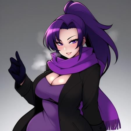 (masterpiece, best quality:1.3), SaltyXodium, Soft Lineart, Soft Shading, <lora:SaltyXodium Style Lora:1>, 1girl, solo, looking at viewer, mature female, parted lips, depth of field, wide hips, thick thighs, medium breasts, purple hair, purple eyes, long hair, smile, purple scarf, ponytail, gloves, scarf, thigh strap, dress, black gloves, long sleeves, coat, black coat