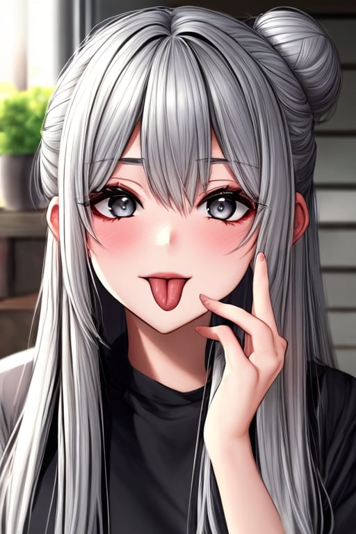 (masterpiece),(best quality), 

1girl, solo, long hair, looking at viewer, blush, grey hair, tongue, hand up, tongue out, hair bun, grey eyes, single hair bun, letterboxed, portrait, :p, akanbe