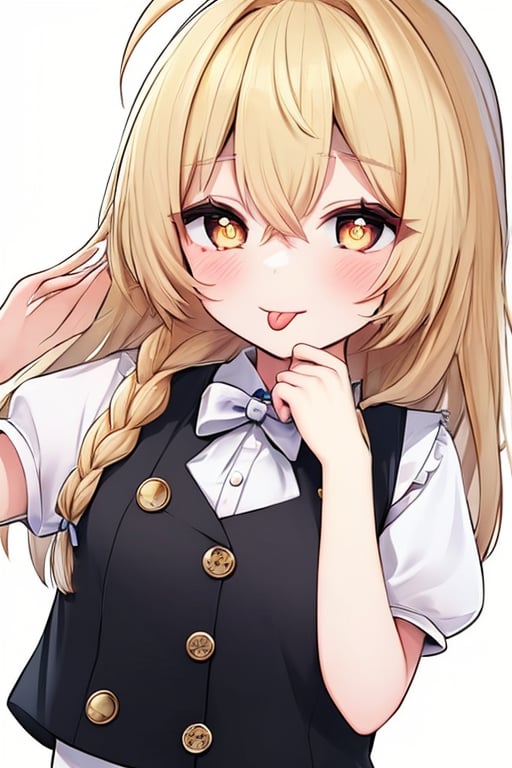 (masterpiece),(best quality), 

1girl, solo, long hair, looking at viewer, blush, blonde hair, simple background, shirt, white background, bow, hair between eyes, closed mouth, yellow eyes, white shirt, upper body, braid, ahoge, short sleeves, hair bow, tongue, puffy sleeves, hand up, tongue out, vest, puffy short sleeves, symbol-shaped pupils, single braid, buttons, eyes visible through hair, white bow, no headwear, :p, black vest, akanbe