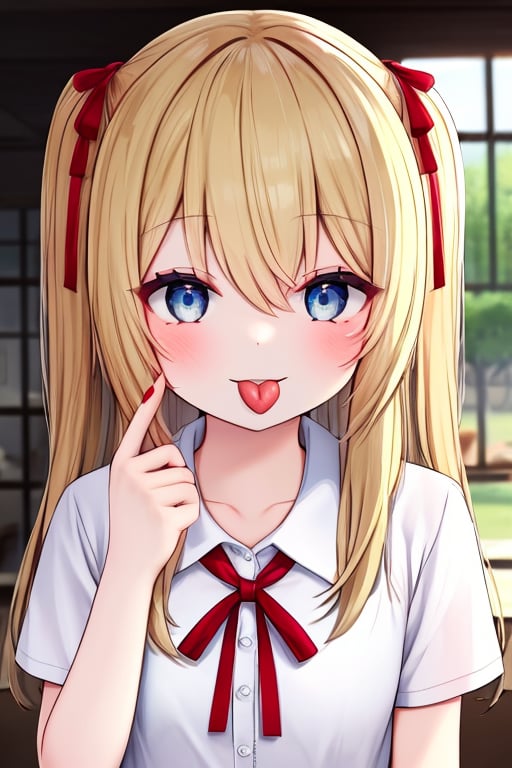 (masterpiece),(best quality), 


1girl, solo, long hair, looking at viewer, blush, smile, open mouth, blue eyes, blonde hair, shirt, hair ornament, ribbon, hair between eyes, white shirt, upper body, short sleeves, heart, tongue, collared shirt, tongue out, nail polish, blurry, red ribbon, window, one side up, red nails, :p, heart hair ornament