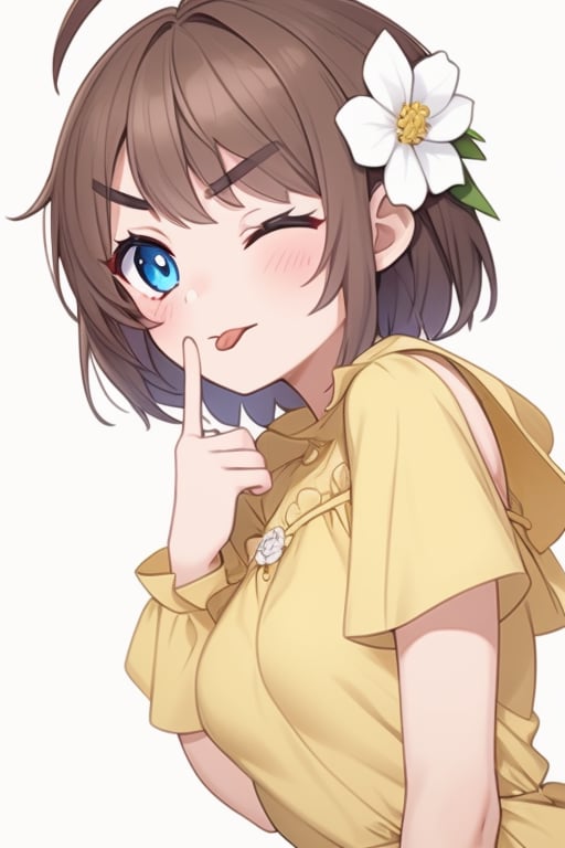 (masterpiece),(best quality), 

1girl, solo, looking at viewer, blush, short hair, blue eyes, simple background, brown hair, hair ornament, long sleeves, white background, dress, upper body, flower, ahoge, short sleeves, one eye closed, tongue, hand up, hair flower, tongue out, v-shaped eyebrows, floral print, light brown hair, white flower, yellow dress, ;p, akanbe