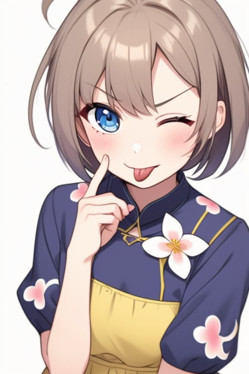 (masterpiece),(best quality), 

1girl, solo, looking at viewer, blush, short hair, blue eyes, simple background, brown hair, hair ornament, long sleeves, white background, dress, upper body, flower, ahoge, short sleeves, one eye closed, tongue, hand up, hair flower, tongue out, v-shaped eyebrows, floral print, light brown hair, white flower, yellow dress, ;p, akanbe