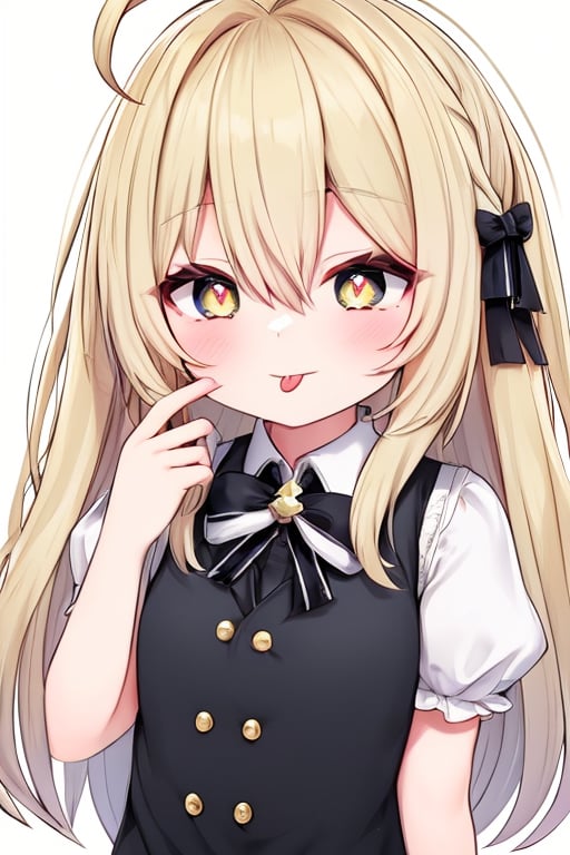 (masterpiece),(best quality), 

1girl, solo, long hair, looking at viewer, blush, blonde hair, simple background, shirt, white background, bow, hair between eyes, closed mouth, yellow eyes, white shirt, upper body, braid, ahoge, short sleeves, hair bow, tongue, puffy sleeves, hand up, tongue out, vest, puffy short sleeves, symbol-shaped pupils, single braid, buttons, eyes visible through hair, white bow, no headwear, :p, black vest, akanbe