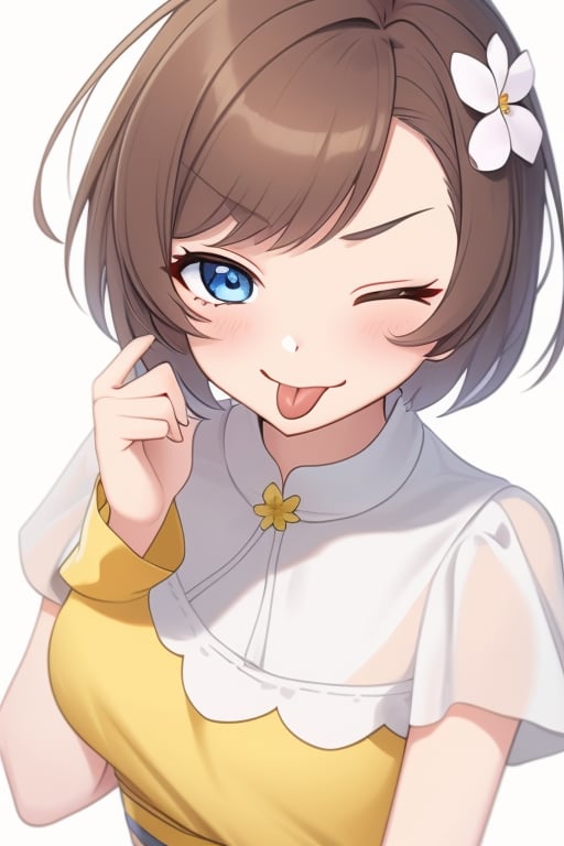 (masterpiece),(best quality), 

1girl, solo, looking at viewer, blush, short hair, blue eyes, simple background, brown hair, hair ornament, long sleeves, white background, dress, upper body, flower, ahoge, short sleeves, one eye closed, tongue, hand up, hair flower, tongue out, v-shaped eyebrows, floral print, light brown hair, white flower, yellow dress, ;p, akanbe