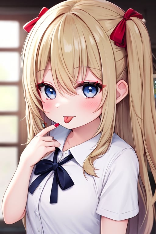 (masterpiece),(best quality), 


1girl, solo, long hair, looking at viewer, blush, smile, open mouth, blue eyes, blonde hair, shirt, hair ornament, ribbon, hair between eyes, white shirt, upper body, short sleeves, heart, tongue, collared shirt, tongue out, nail polish, blurry, red ribbon, window, one side up, red nails, :p, heart hair ornament
