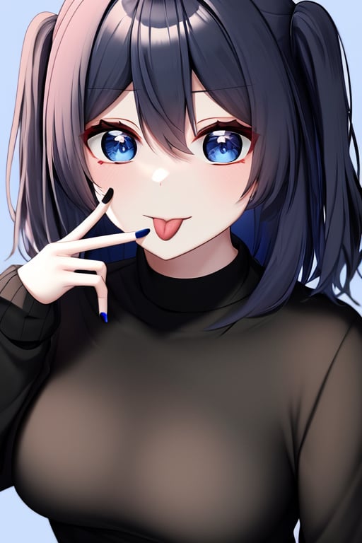 (masterpiece),(best quality), 


1girl, solo, breasts, looking at viewer, blush, blue eyes, simple background, black hair, long sleeves, hair between eyes, medium breasts, upper body, tongue, hand up, tongue out, medium hair, nail polish, sweater, two side up, sleeves past wrists, blue background, piercing, black nails, :p, white sweater, tongue piercing, akanbe