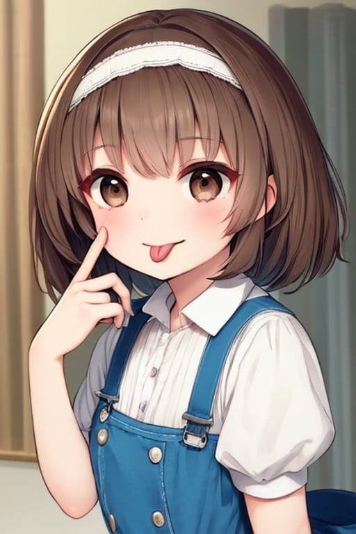 (masterpiece),(best quality), 

1girl, solo, short hair, brown hair, ribbon, brown eyes, hair ribbon, hairband, tongue, tongue out, ;p, akanbe, hand-up
