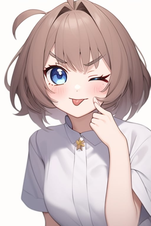 (masterpiece),(best quality), 

1girl, solo, looking at viewer, blush, short hair, blue eyes, simple background, brown hair, hair ornament, long sleeves, white background, dress, upper body, ahoge, short sleeves, one eye closed, tongue, hand up, tongue out, v-shaped eyebrows, light brown hair, white flower, ;p, akanbe,realhands