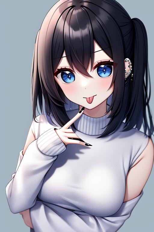 (masterpiece),(best quality), 


1girl, solo, breasts, looking at viewer, blush, blue eyes, simple background, black hair, long sleeves, hair between eyes, medium breasts, upper body, tongue, hand up, tongue out, medium hair, nail polish, sweater, two side up, sleeves past wrists, blue background, piercing, black nails, :p, white sweater, tongue piercing, akanbe