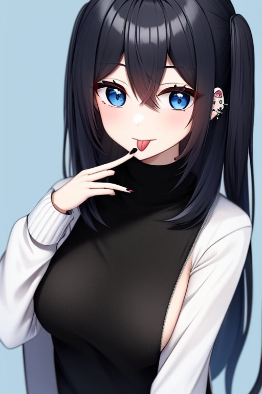 (masterpiece),(best quality), 


1girl, solo, breasts, looking at viewer, blush, blue eyes, simple background, black hair, long sleeves, hair between eyes, medium breasts, upper body, tongue, hand up, tongue out, medium hair, nail polish, sweater, two side up, sleeves past wrists, blue background, piercing, black nails, :p, white sweater, tongue piercing, akanbe