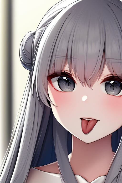 (masterpiece),(best quality), 

1girl, solo, long hair, looking at viewer, blush, grey hair, tongue, hand up, tongue out, hair bun, grey eyes, single hair bun, letterboxed, portrait, :p, akanbe