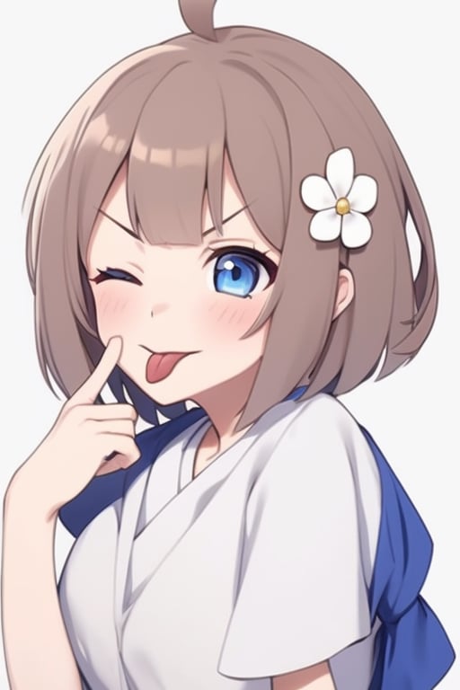 (masterpiece),(best quality), 

1girl, solo, looking at viewer, blush, short hair, blue eyes, simple background, brown hair, hair ornament, long sleeves, white background, dress, upper body, ahoge, short sleeves, one eye closed, tongue, hand up, tongue out, v-shaped eyebrows, light brown hair, white flower, ;p, akanbe,realhands