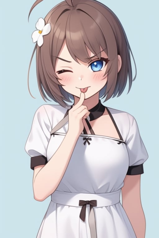 (masterpiece),(best quality), 

1girl, solo, looking at viewer, blush, short hair, blue eyes, simple background, brown hair, hair ornament, long sleeves, white background, dress, upper body, flower, ahoge, short sleeves, one eye closed, tongue, hand up, tongue out, v-shaped eyebrows, light brown hair, white flower, ;p, akanbe