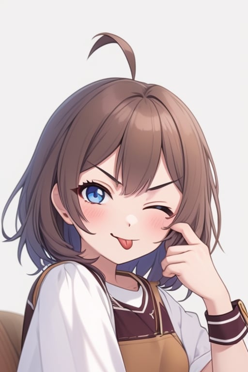 (masterpiece),(best quality), 

1girl, solo, looking at viewer, blush, short hair, blue eyes, simple background, brown hair, hair ornament, long sleeves, white background, dress, upper body, flower, ahoge, short sleeves, one eye closed, tongue, hand up, tongue out, v-shaped eyebrows, light brown hair, white flower, ;p, akanbe