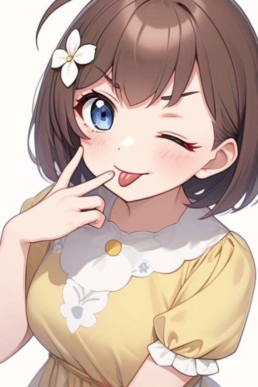 (masterpiece),(best quality), 

1girl, solo, looking at viewer, blush, short hair, blue eyes, simple background, brown hair, hair ornament, long sleeves, white background, dress, upper body, flower, ahoge, short sleeves, one eye closed, tongue, hand up, hair flower, tongue out, v-shaped eyebrows, floral print, light brown hair, white flower, yellow dress, ;p, akanbe