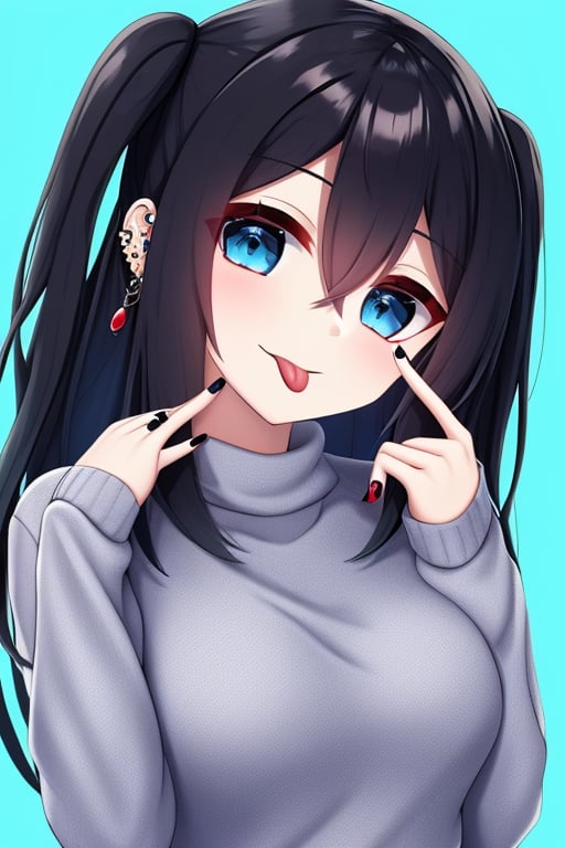 (masterpiece),(best quality), 


1girl, solo, breasts, looking at viewer, blush, blue eyes, simple background, black hair, long sleeves, hair between eyes, medium breasts, upper body, tongue, hand up, tongue out, medium hair, nail polish, sweater, two side up, sleeves past wrists, blue background, piercing, black nails, :p, white sweater, tongue piercing, akanbe