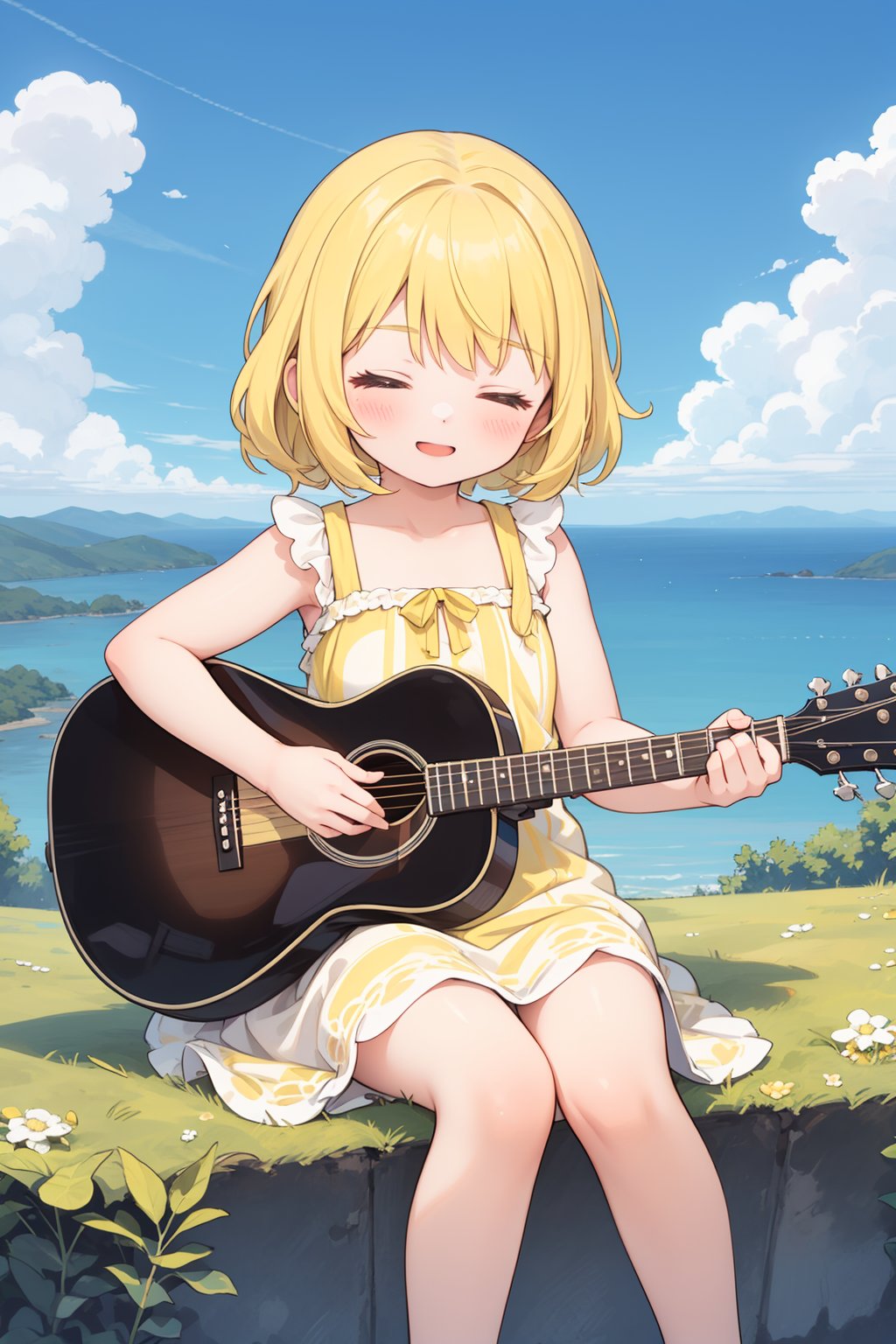 masterpiece, best quality, 1girl, looking at viewer, blue sky, happy, blue sky, cloudy, sitting top of hill, playing acoustic guitar, yellow hair, sundress, closed eyes