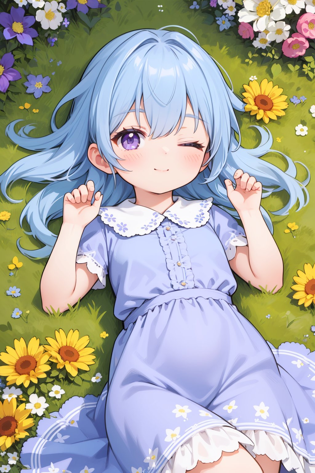 masterpiece, best quality, 1girl, looking at viewer, blue sky, lying, grass, flowers, holding flowers, from above, blue hair, purple eyes, one eye closed, soft smile, purple floral dress