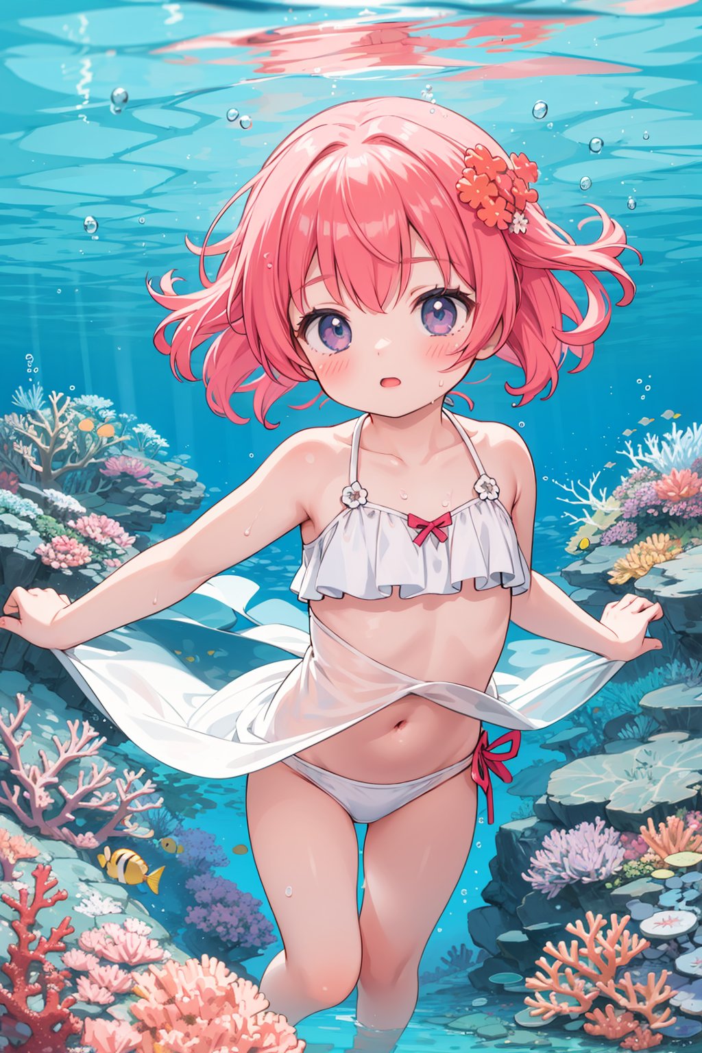 masterpiece, best quality, 1girl, looking at viewer, underwater, swimsuit, swiming, coral, flowers