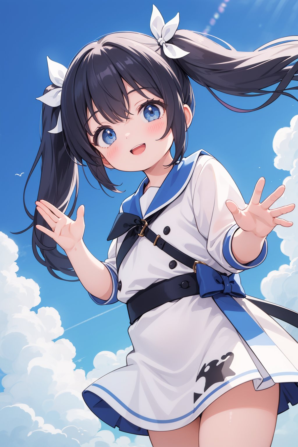 masterpiece, best quality, 1girl, looking at viewer, happy, blue sky, waving hand, twintails