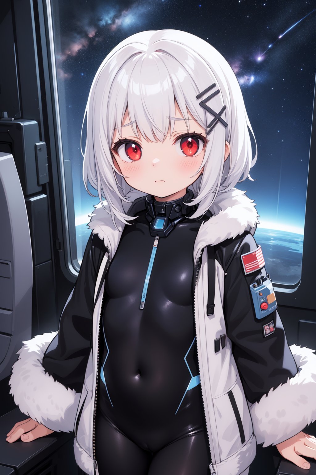 masterpiece, best quality, 1girl, looking at viewer, blue sky, unhappy, mecha body suit, fur trim jacket, futuristic, inside spacecraft, starry sky, nebula, big window, red eyes, hairpin