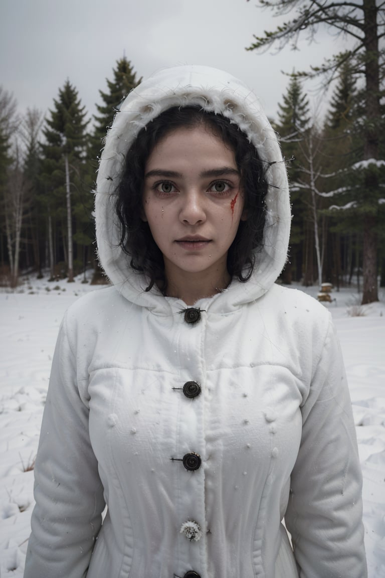 (best quality,highres,masterpiece:1.2),ultra-detailed,realistic, (wintery, snowy),windy (landscape:1.1), (horror, macabre, unsettling), (eerie atmosphere, creepy), (women:1.1, dressed as a snow maiden), (skull:1.1) on her face, (covered in blood), (distorted focus), (haunted), (horror film), (scary, evil),1mallugirl