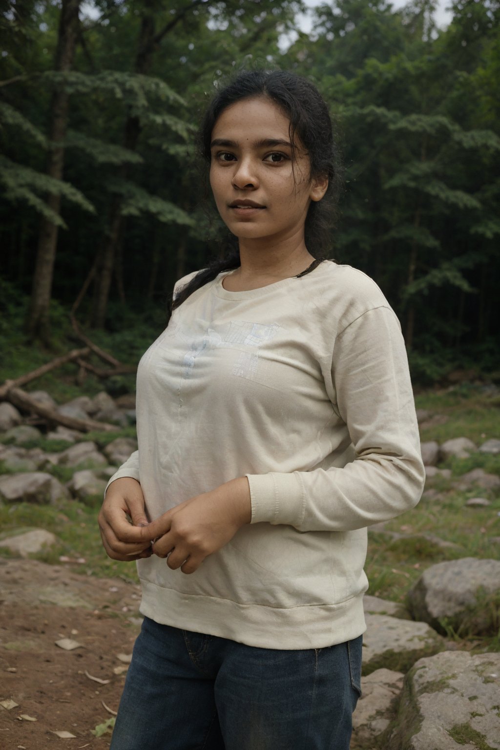 masterpiece, best quality, ultra-detailed, solo, forest, rocks, river, wood, smoke,clear sky, fujifilms , cinematic colour grading, analog style (look at viewer:1.2) (skin texture)  1mallugirl,1 girl,Mallugirl,1mallu girl