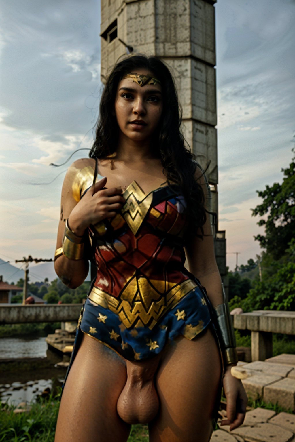 Male dick, penis, ((Ts Chanel Santini as wonder woman)), 20 year old gir,  long curly brown hair, gold jewels, front view, movie scene, cinematic, high-quality, ultra-detailed, professionally color graded, professional photography.  ( hard light:1.2), (volumetric:1.2), well-lit, double exposure, award-winning photograph, dramatic lighting, dramatic shadows, illumination, long shot, wide shot, full body, at studio, smart watch on left hand, happy_face, Fast shutter speed, 1/1000 sec shutter, golden_jewelry, embroidered traditional indian dress, , salwar, red cloth, sleeveless,18 year old girl,Chanel Santini,body shape,REALISTIC,Realism,wonder woman,futanarimix,large penis,1mallu girl